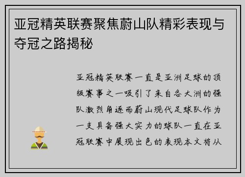 亚冠精英联赛聚焦蔚山队精彩表现与夺冠之路揭秘